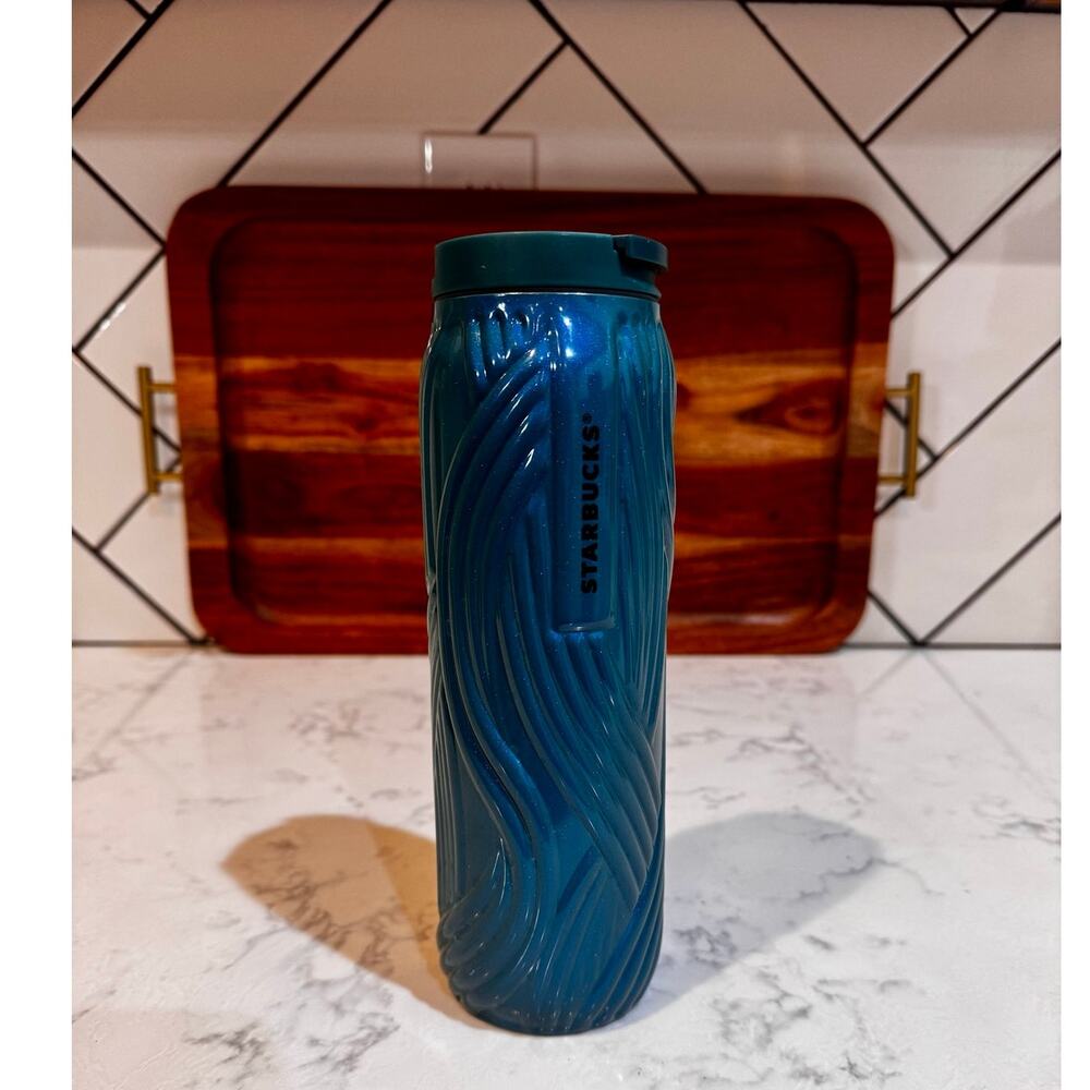 Starbucks teal/aqua blue wavy embossed stainless steel tumbler Spring 2025